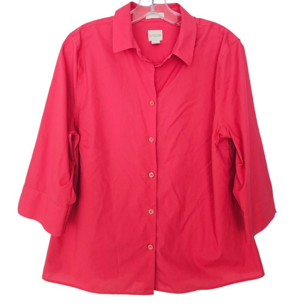 Chico's -497 3/4 Sleeve No Iron Button Down Shirt in Hot Pink‎ Women's 2 / Large